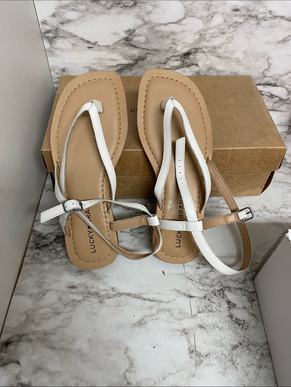 Lucky Brand White and Tan Strappy T-Post Sandals